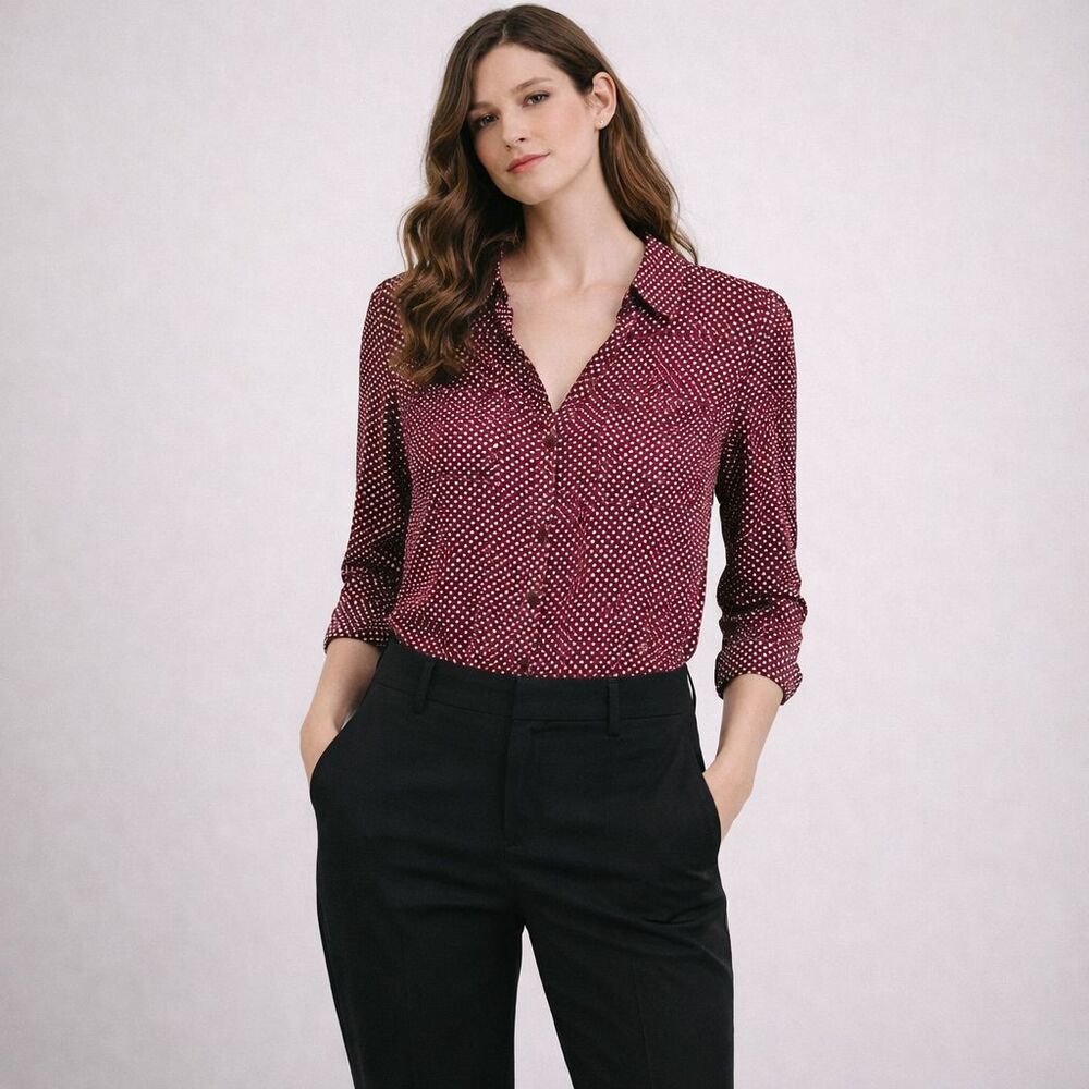 Express Portofino Shirt S Maroon Red White Polka Dots Lightweight Career Classy